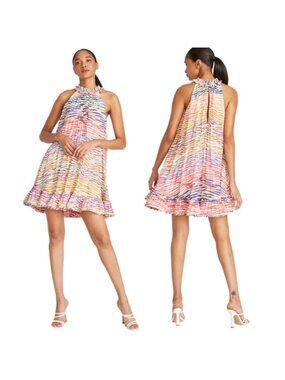 NWT Amur Estfan Pleated Halter Ruffled Hem Mini Dress Pink Yellow Size: 6